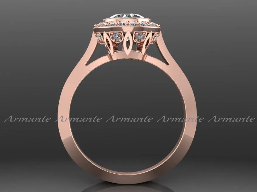 14K Rose Gold Halo Moissanite & Diamond Engagement Ring