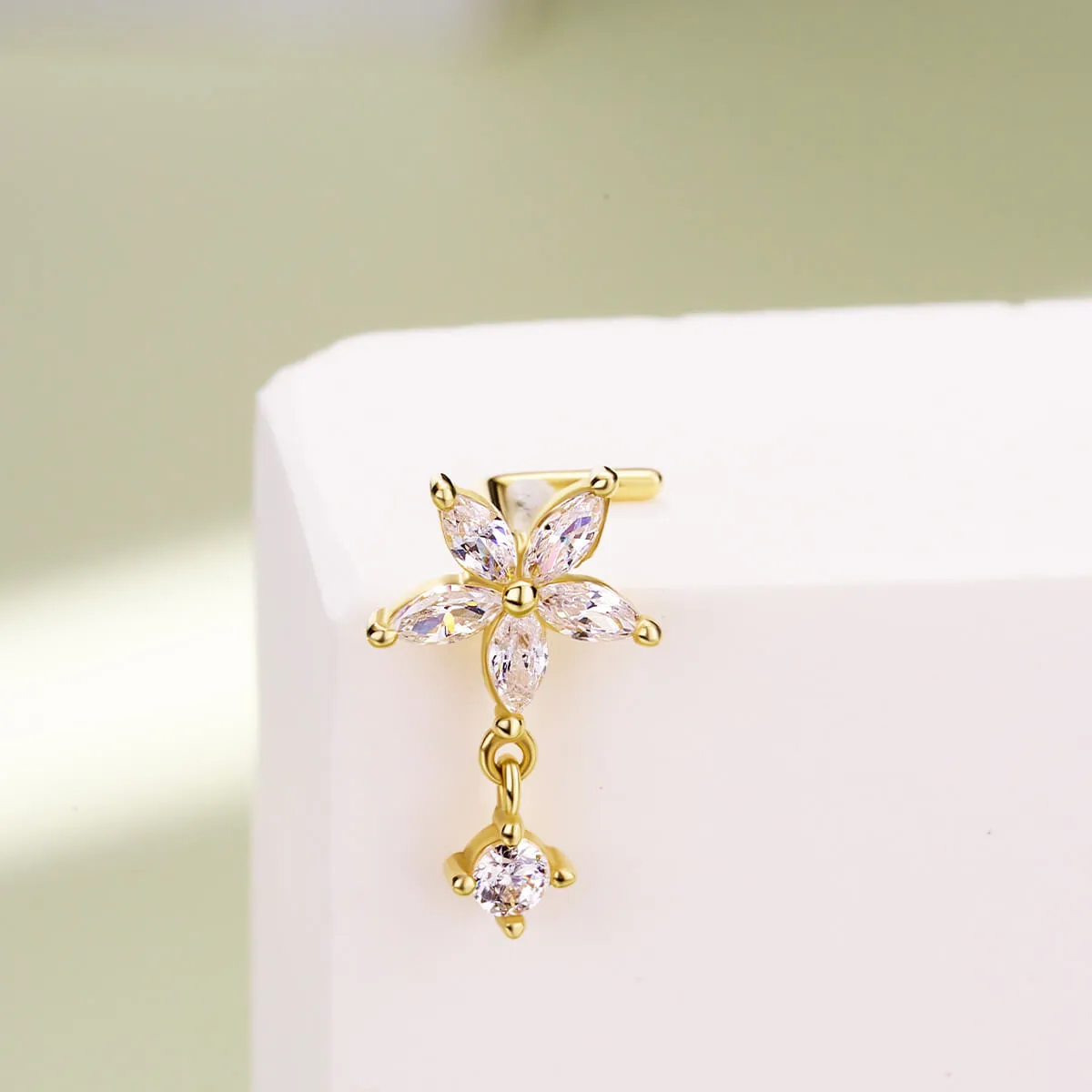 14K Solid Gold 20G Flower CZ Top L-Shape Nose Ring
