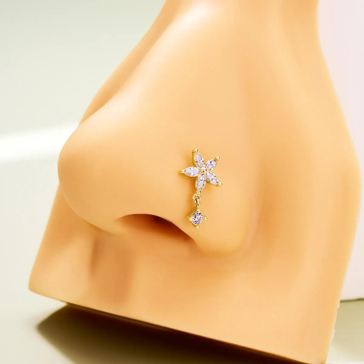 14K Solid Gold 20G Flower CZ Top L-Shape Nose Ring
