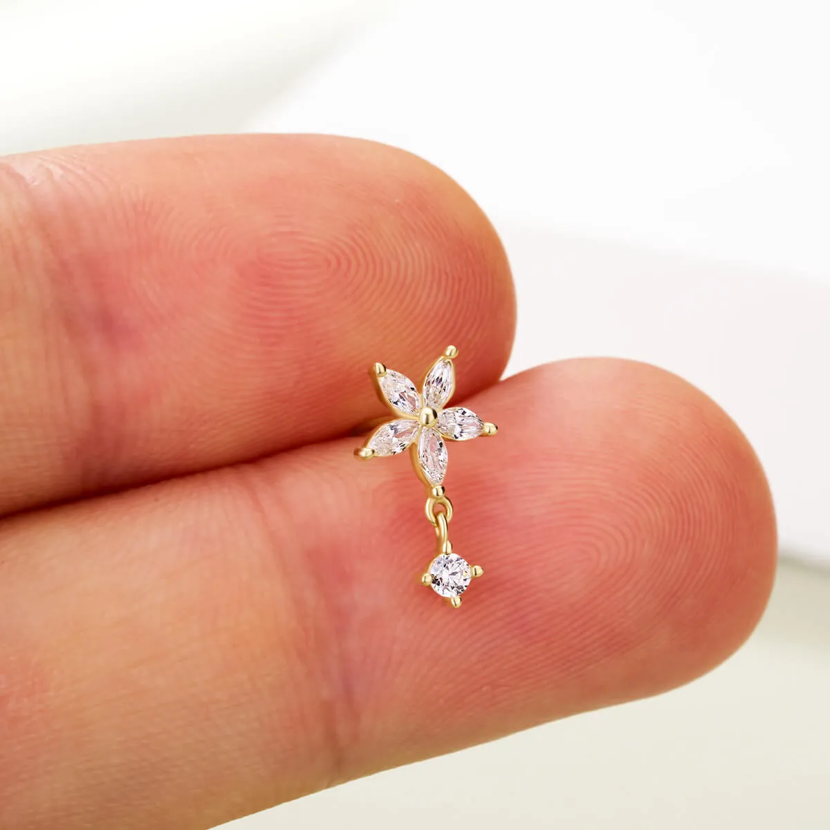 14K Solid Gold 20G Flower CZ Top L-Shape Nose Ring