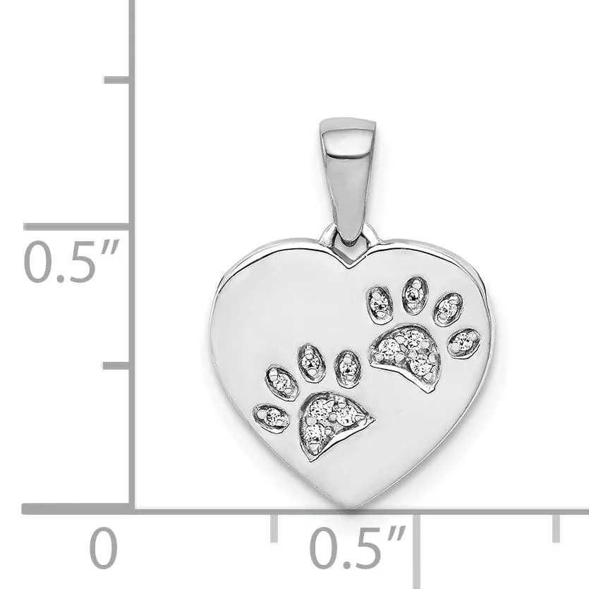 14k White Gold Polished Finish Open Back with Diamonds Paw Prints Heart Shape Charm Pendant