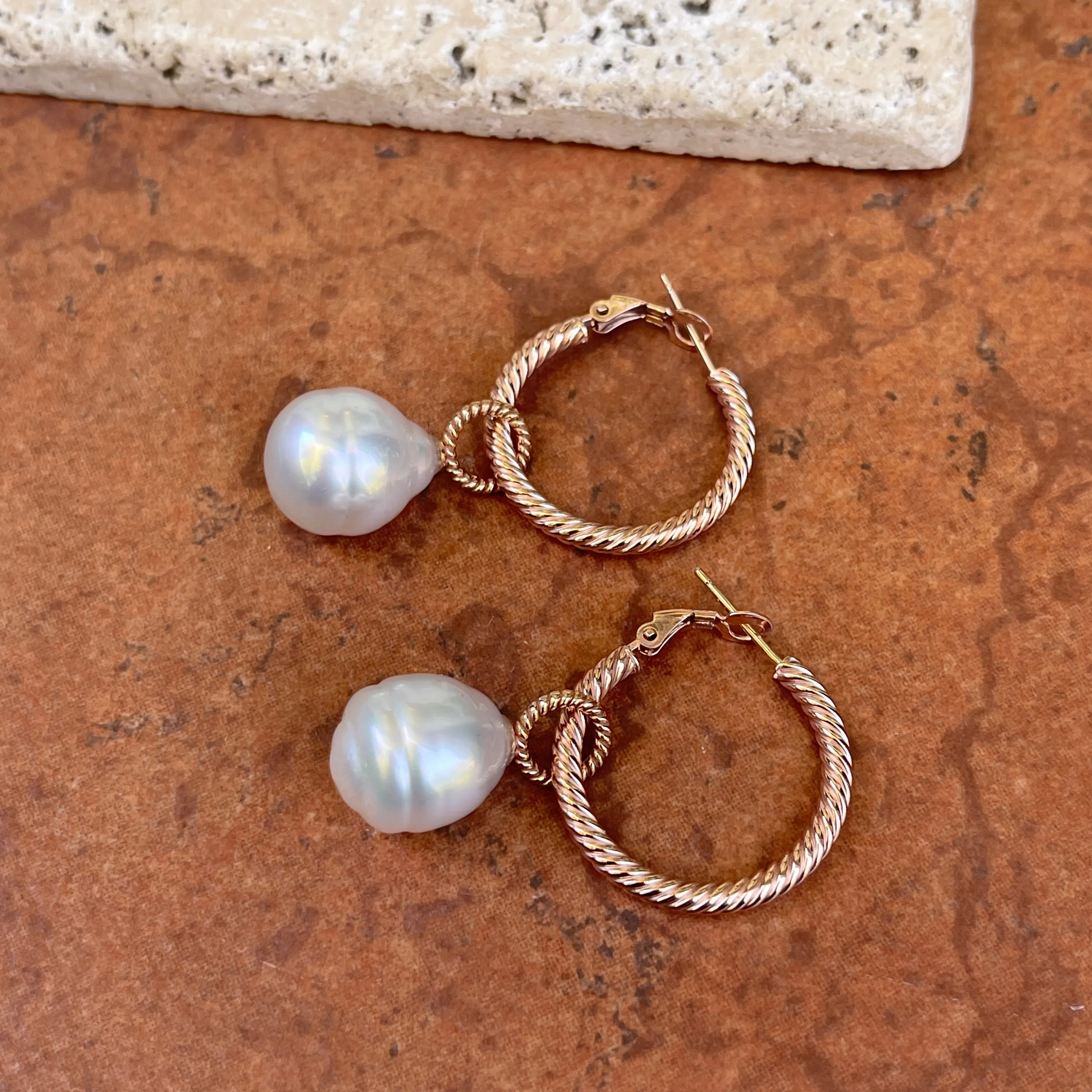 14KT Rose Gold Rope Design Paspaley South Sea Pearl Earring Charms 13mm