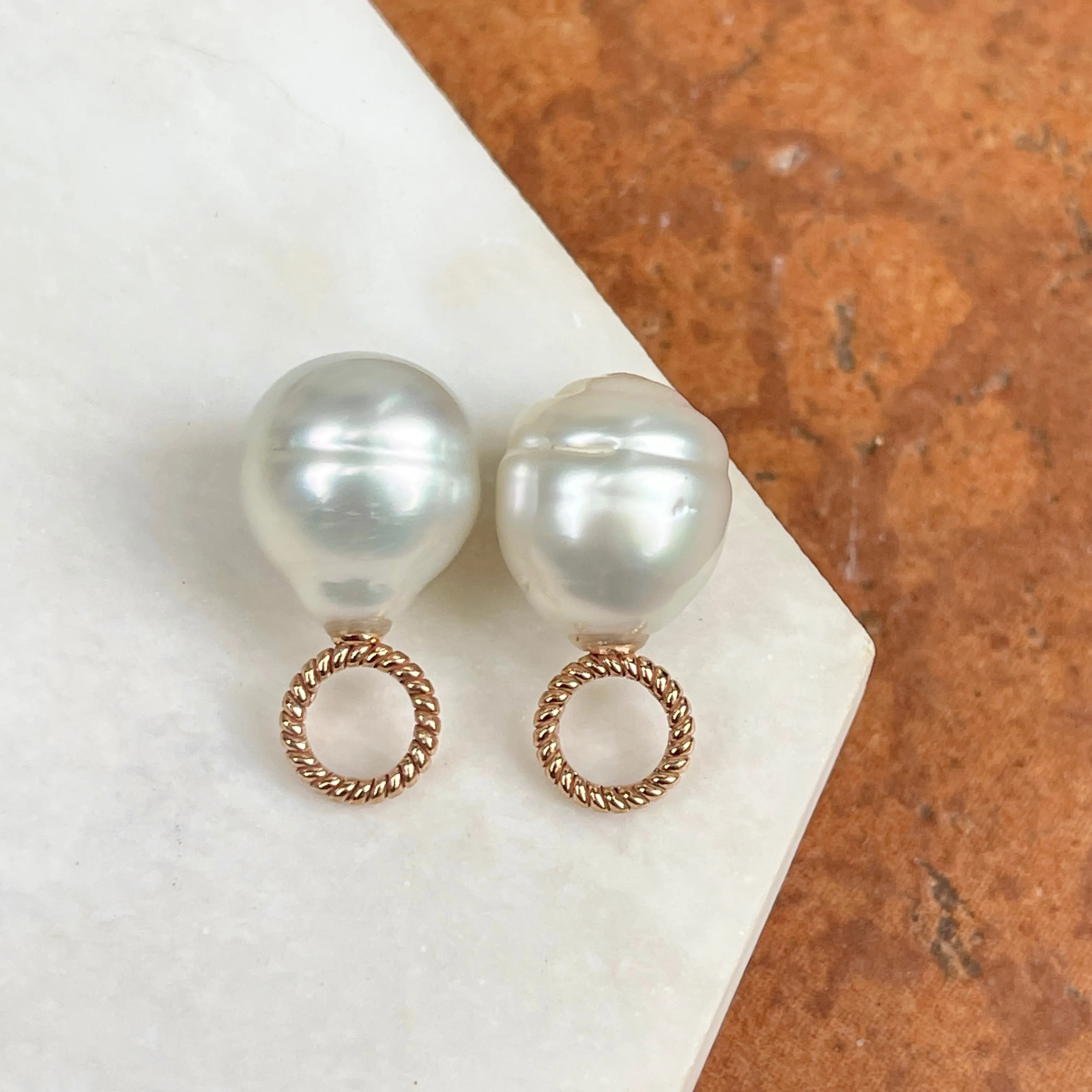 14KT Rose Gold Rope Design Paspaley South Sea Pearl Earring Charms 13mm