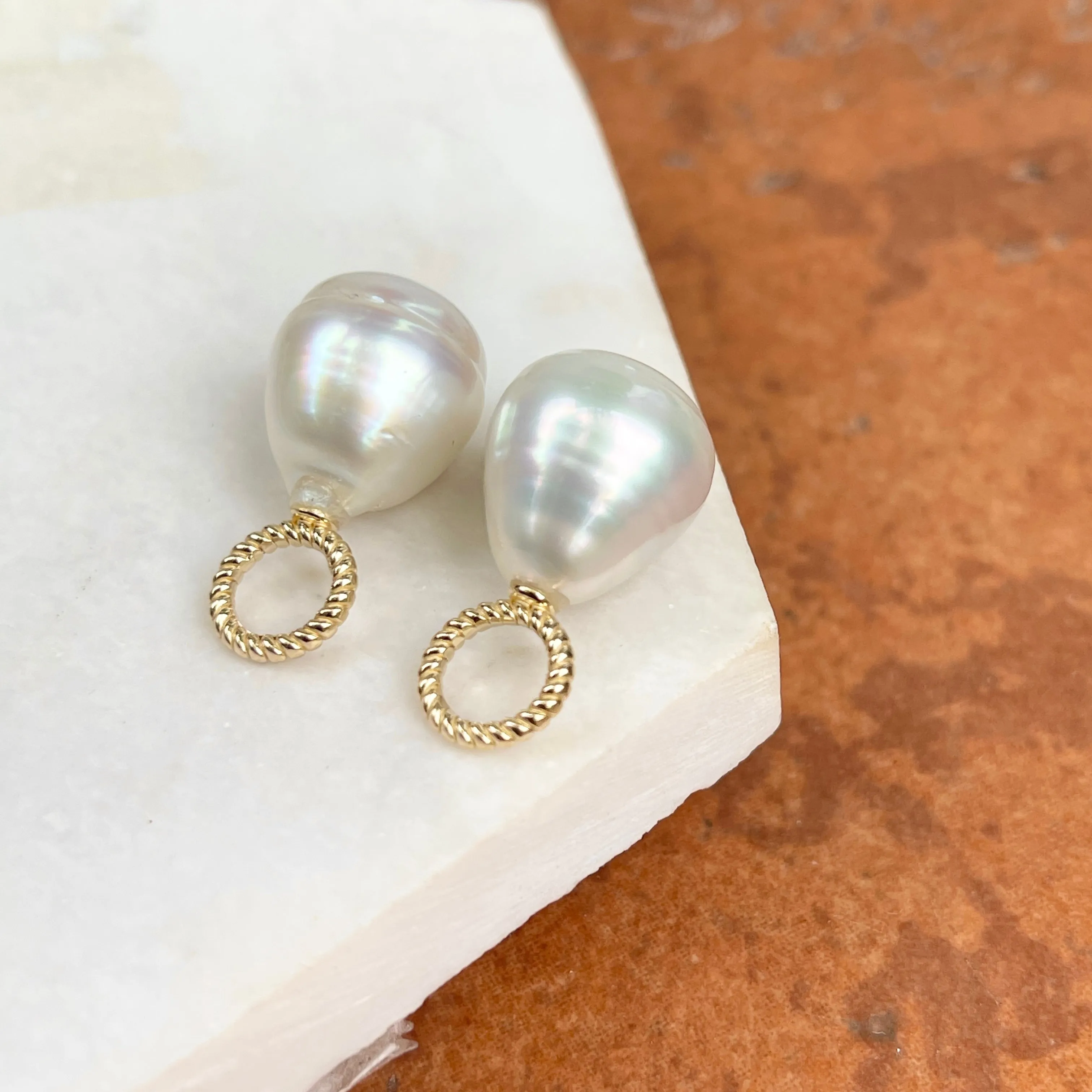 14KT Yellow Gold Rope Design Paspaley South Sea Pearl Earring Charms 13mm