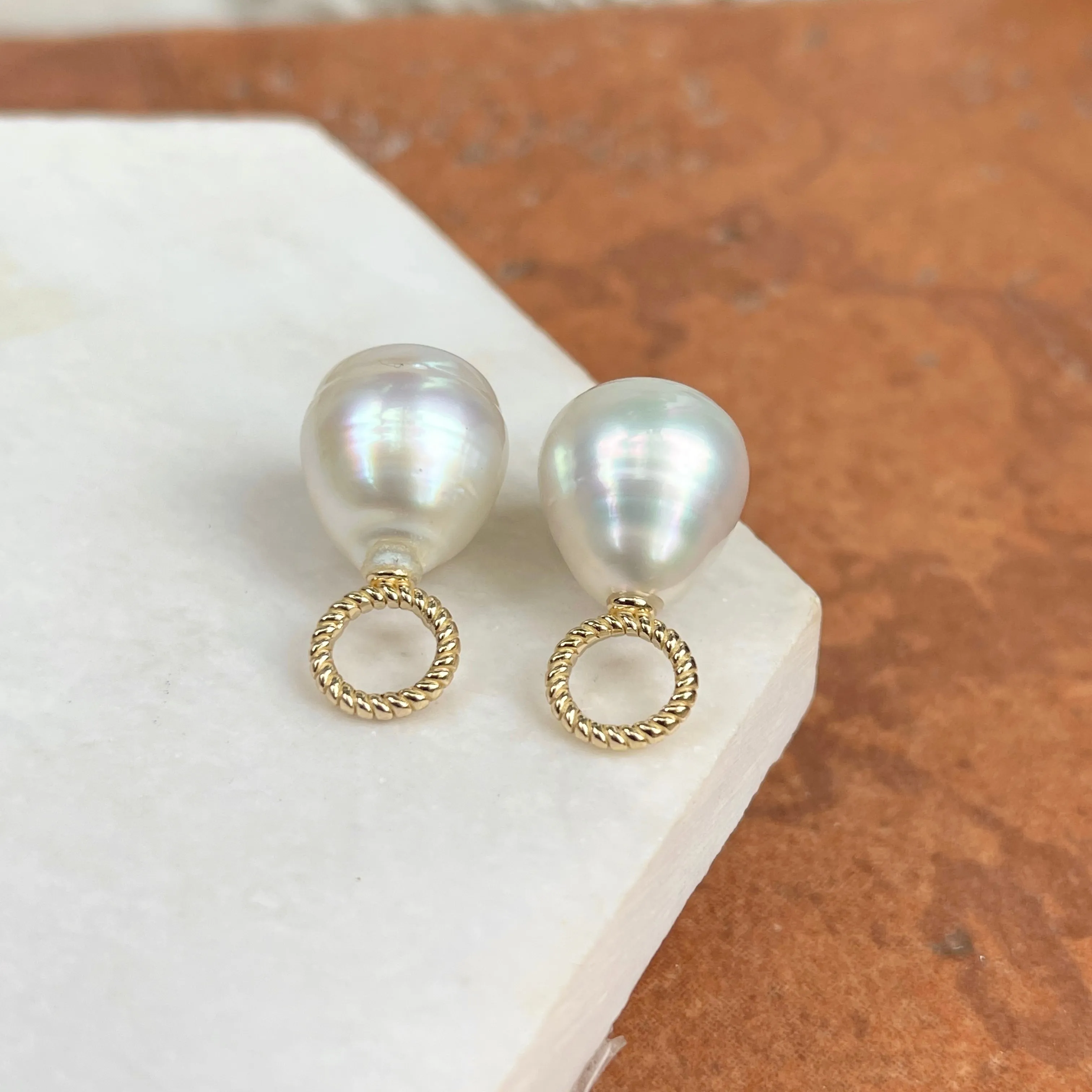 14KT Yellow Gold Rope Design Paspaley South Sea Pearl Earring Charms 13mm