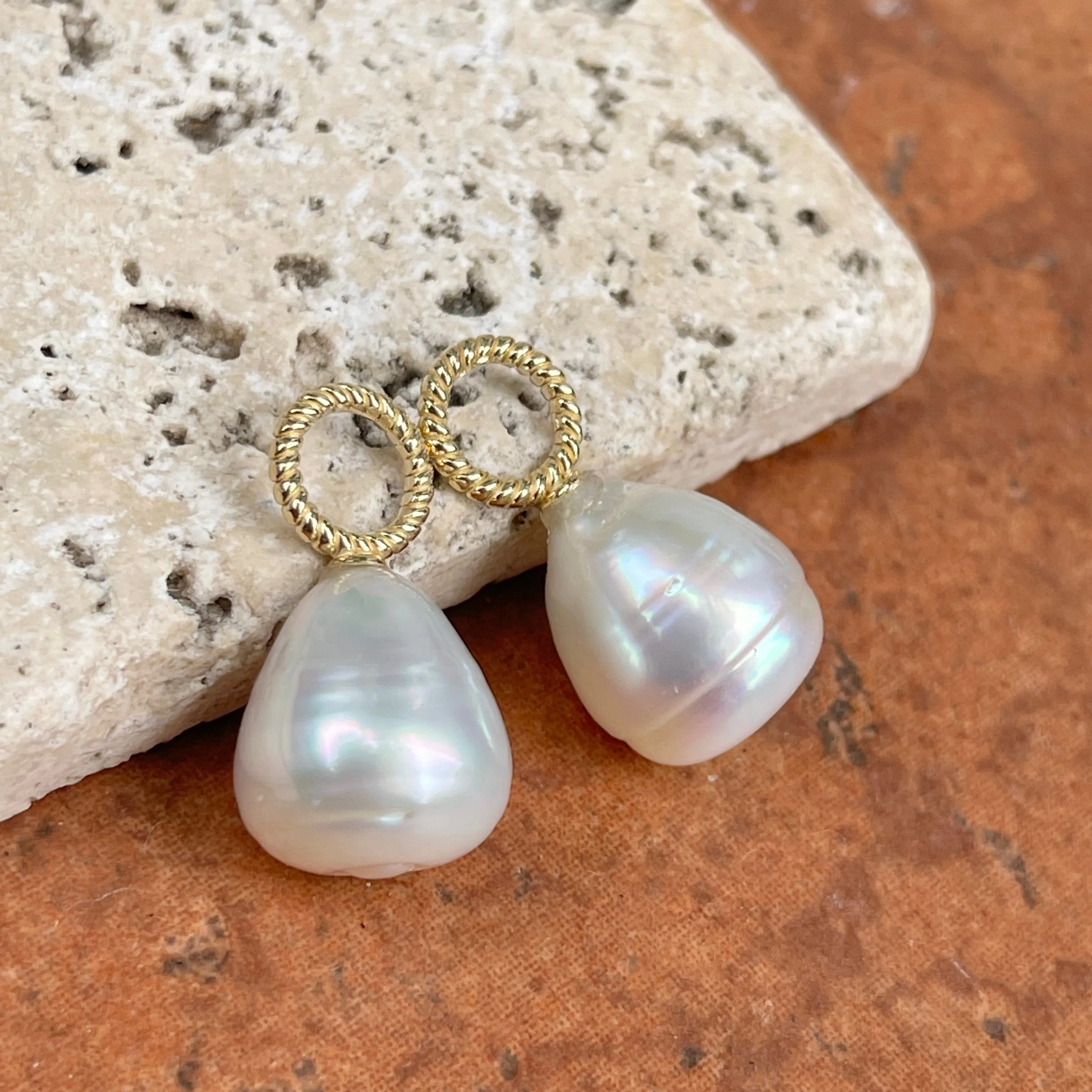 14KT Yellow Gold Rope Design Paspaley South Sea Pearl Earring Charms 13mm