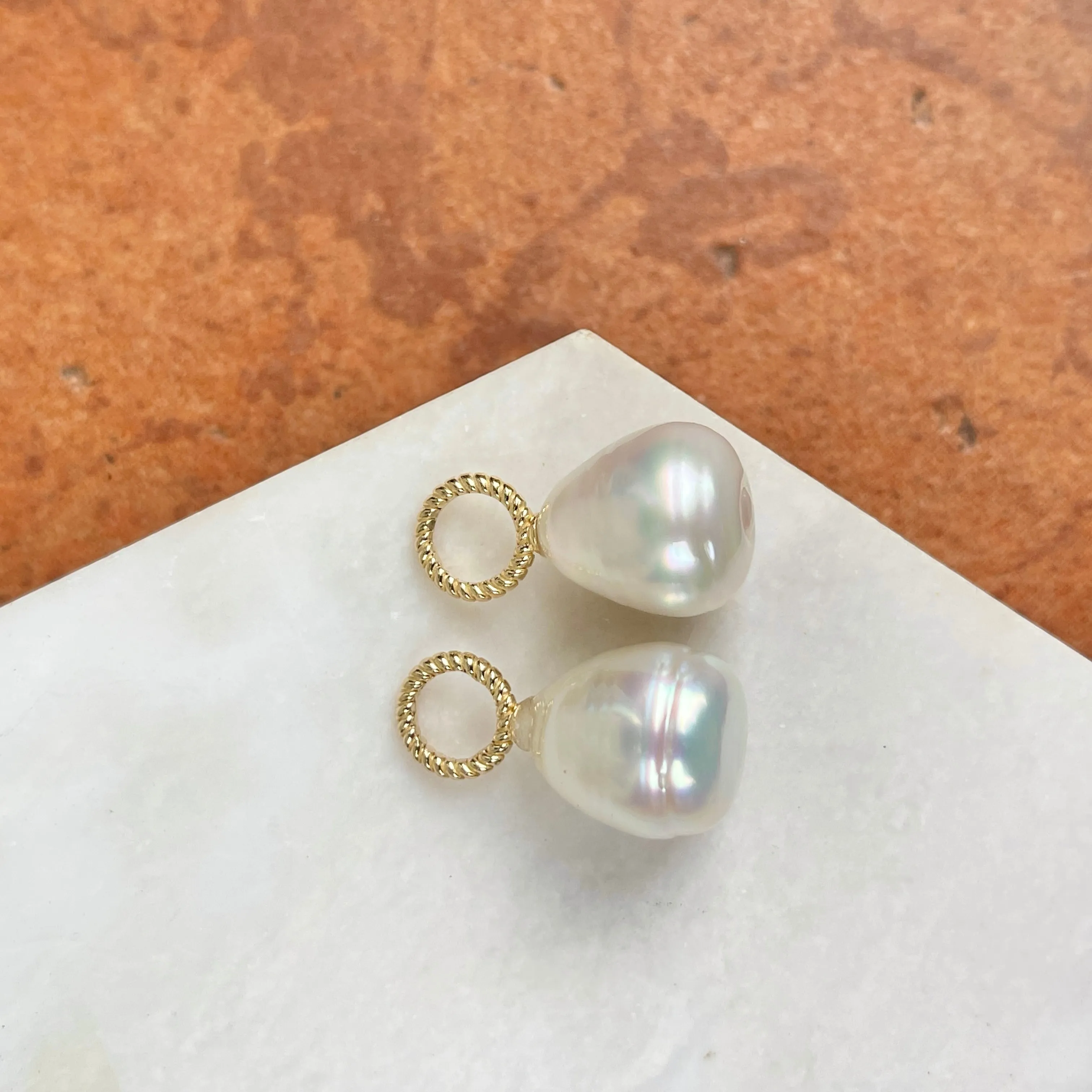 14KT Yellow Gold Rope Design Paspaley South Sea Pearl Earring Charms 13mm