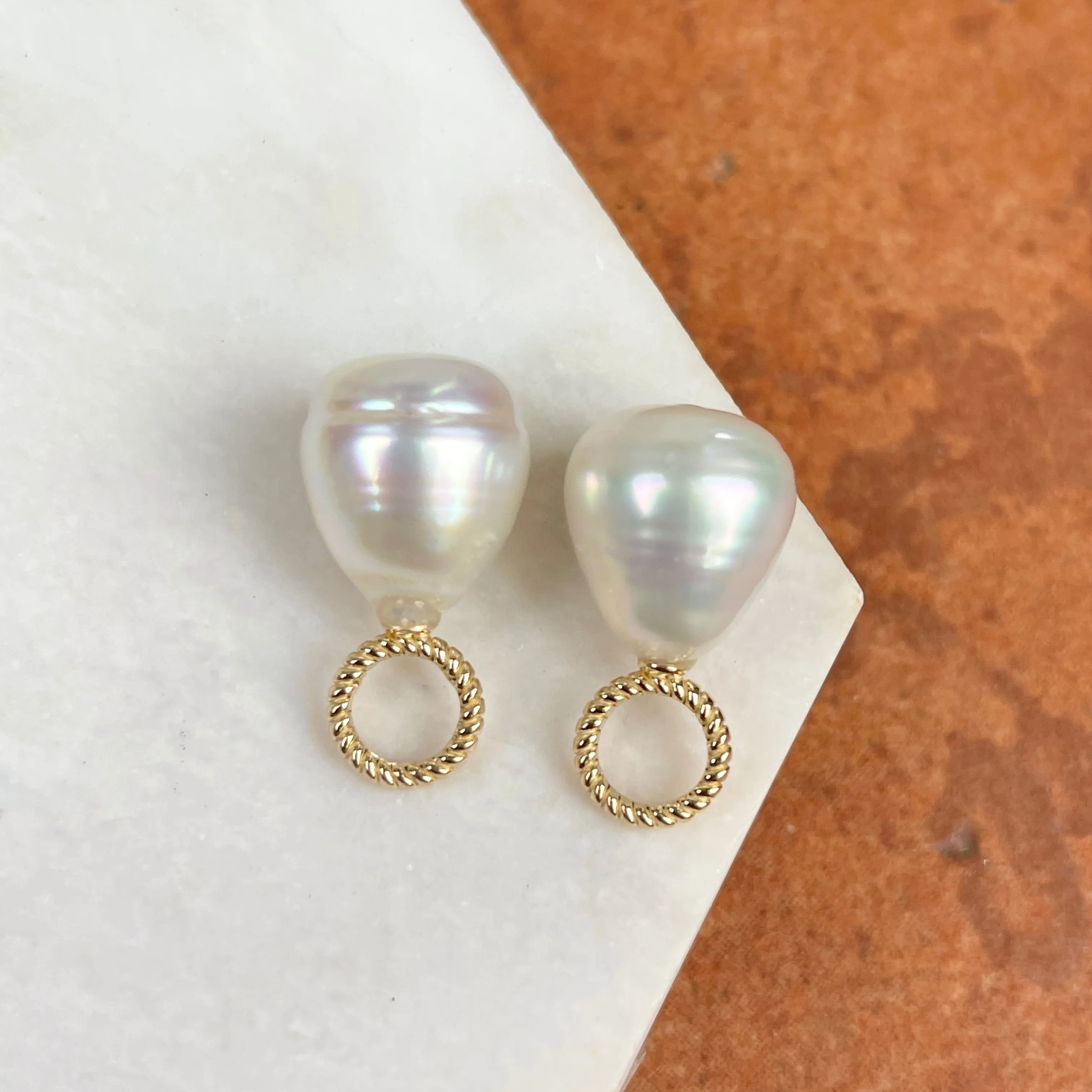 14KT Yellow Gold Rope Design Paspaley South Sea Pearl Earring Charms 13mm