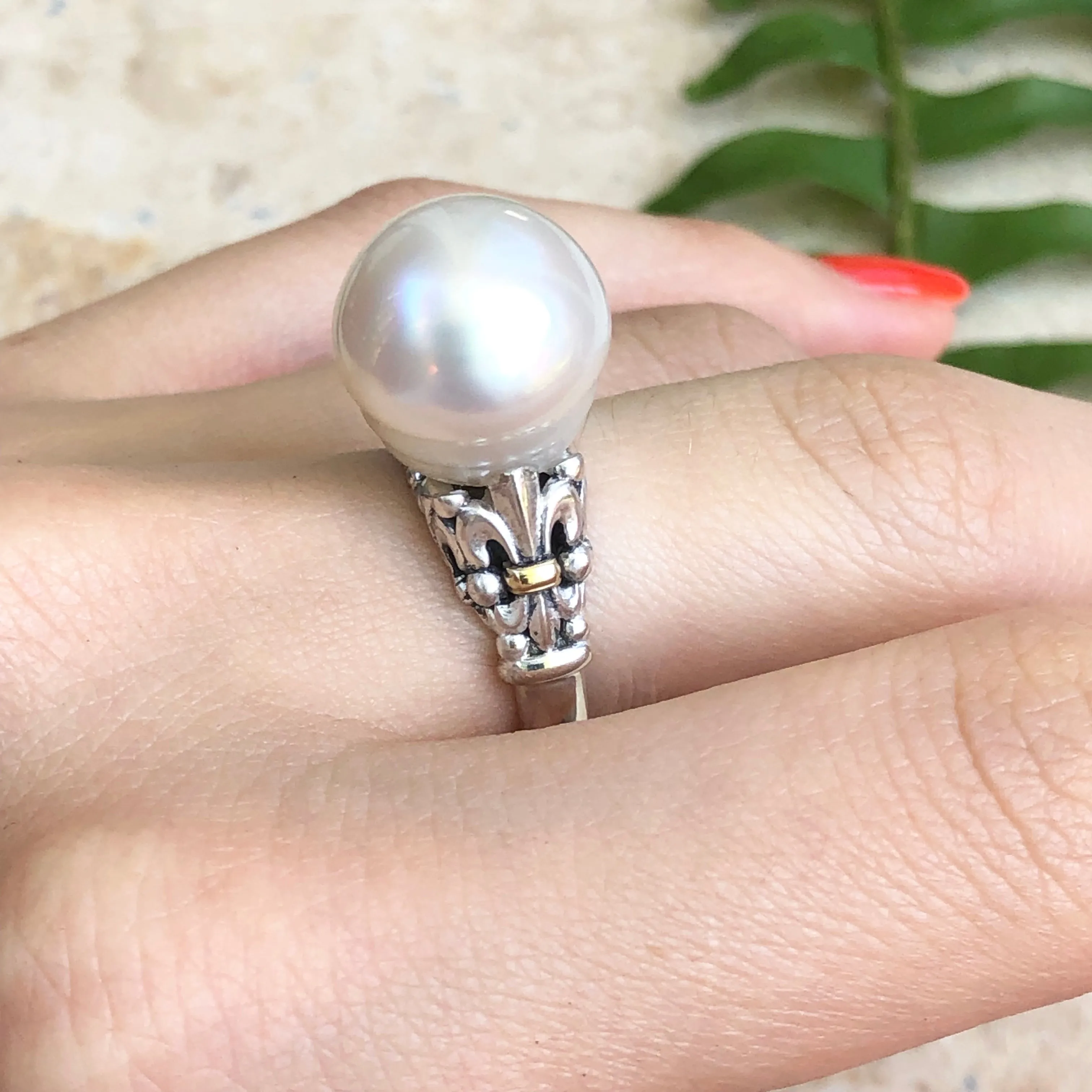 14KT Yellow Gold, Sterling Silver   Paspaley South Sea Pearl Fleur de Lis Ring