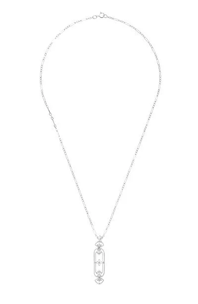 1910 Art Nouveau Filigree Cartouche Fleur De Lys Diamond Pendant in Sterling Silver