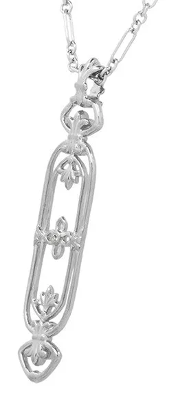 1910 Art Nouveau Filigree Cartouche Fleur De Lys Diamond Pendant in Sterling Silver