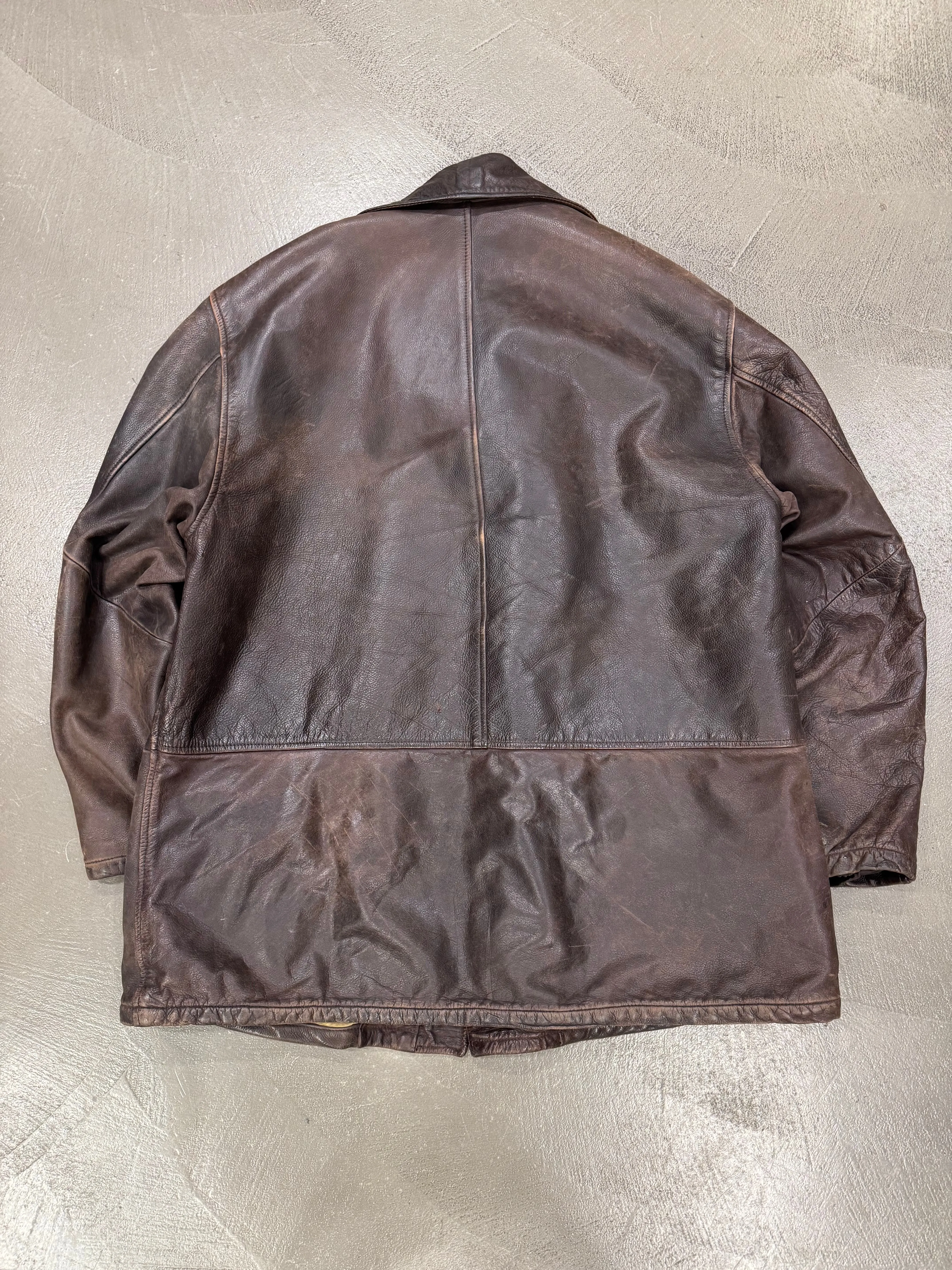 1990s Armani trashed faded heavy leather coat