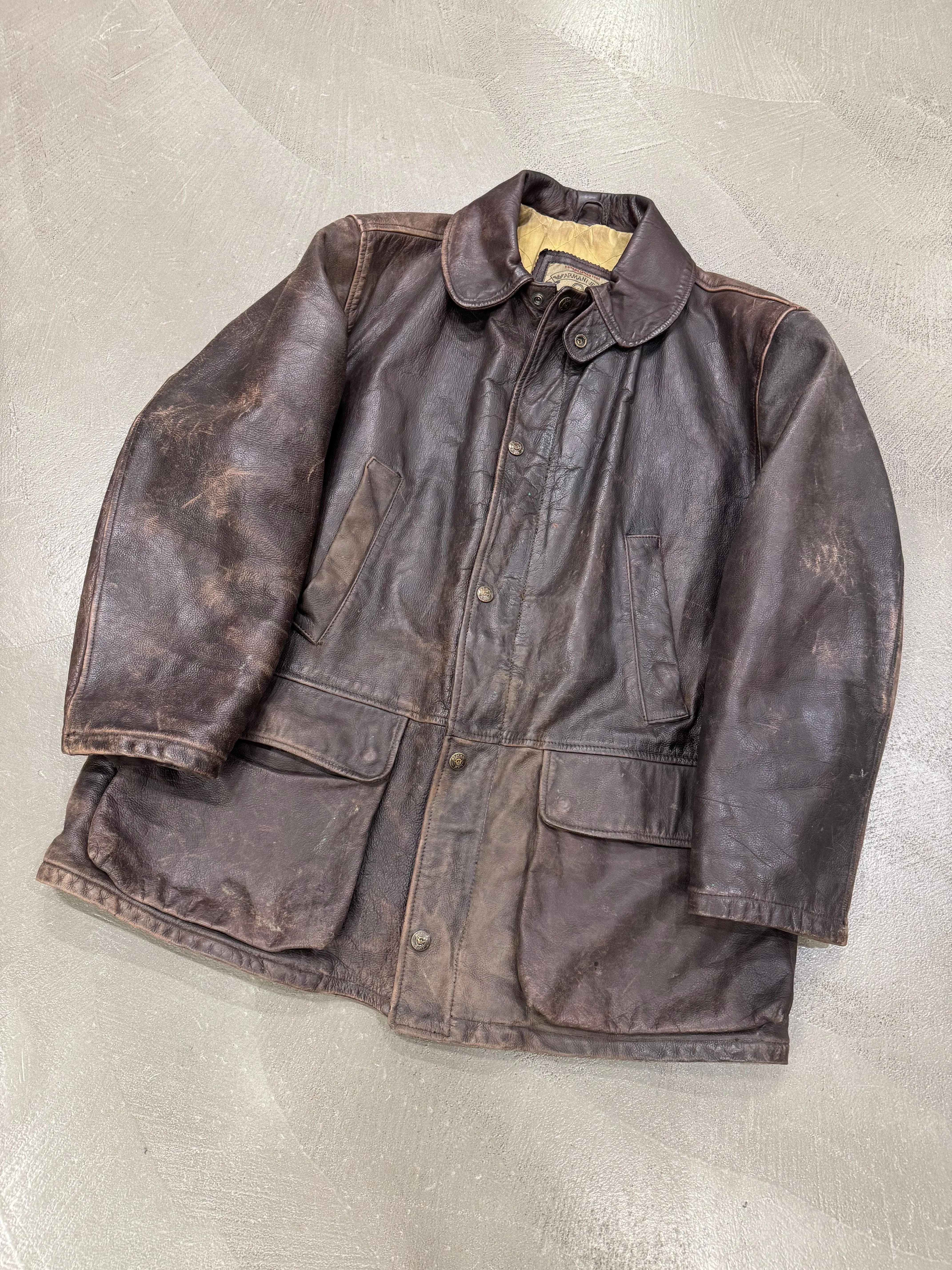 1990s Armani trashed faded heavy leather coat