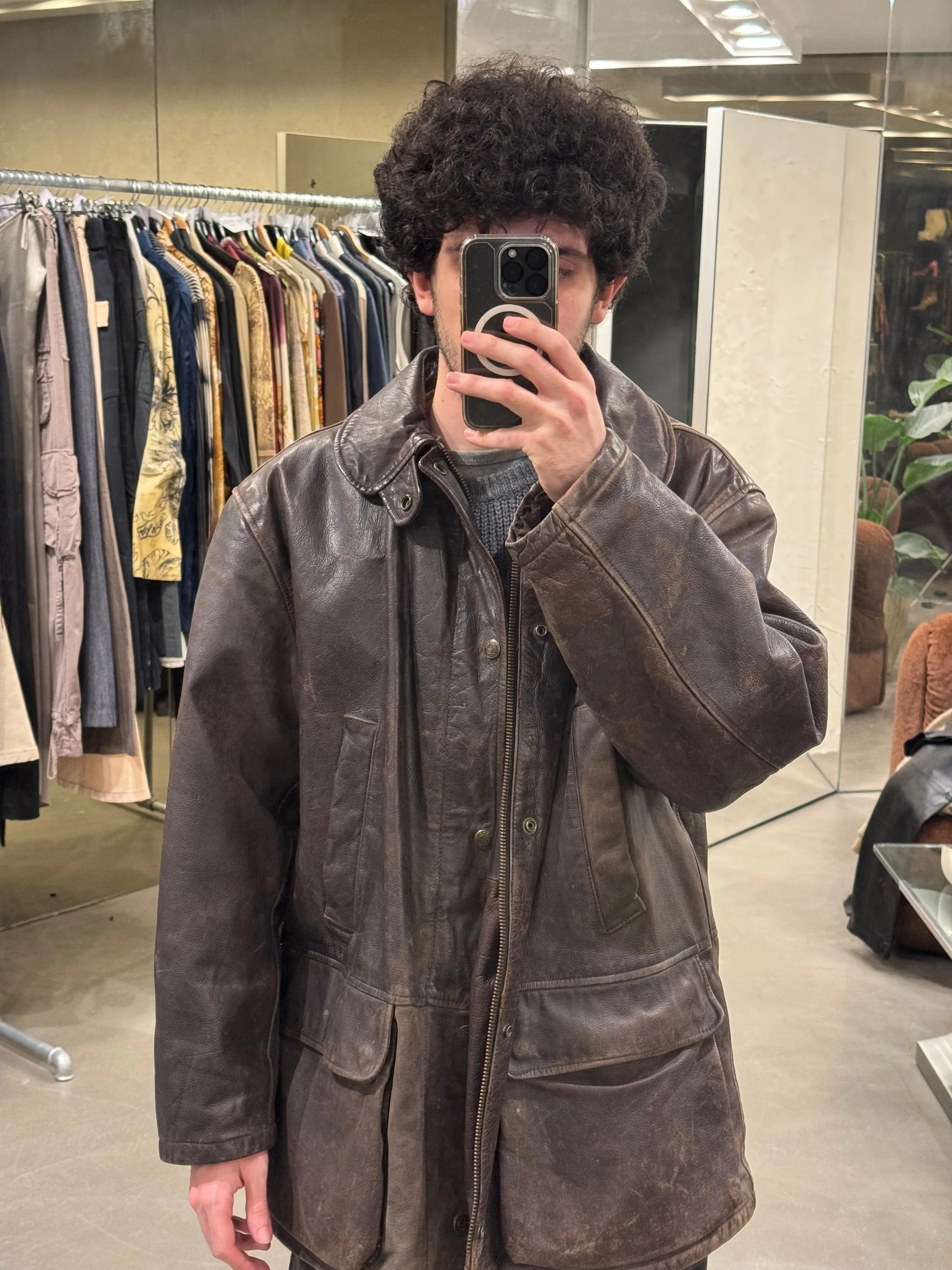 1990s Armani trashed faded heavy leather coat