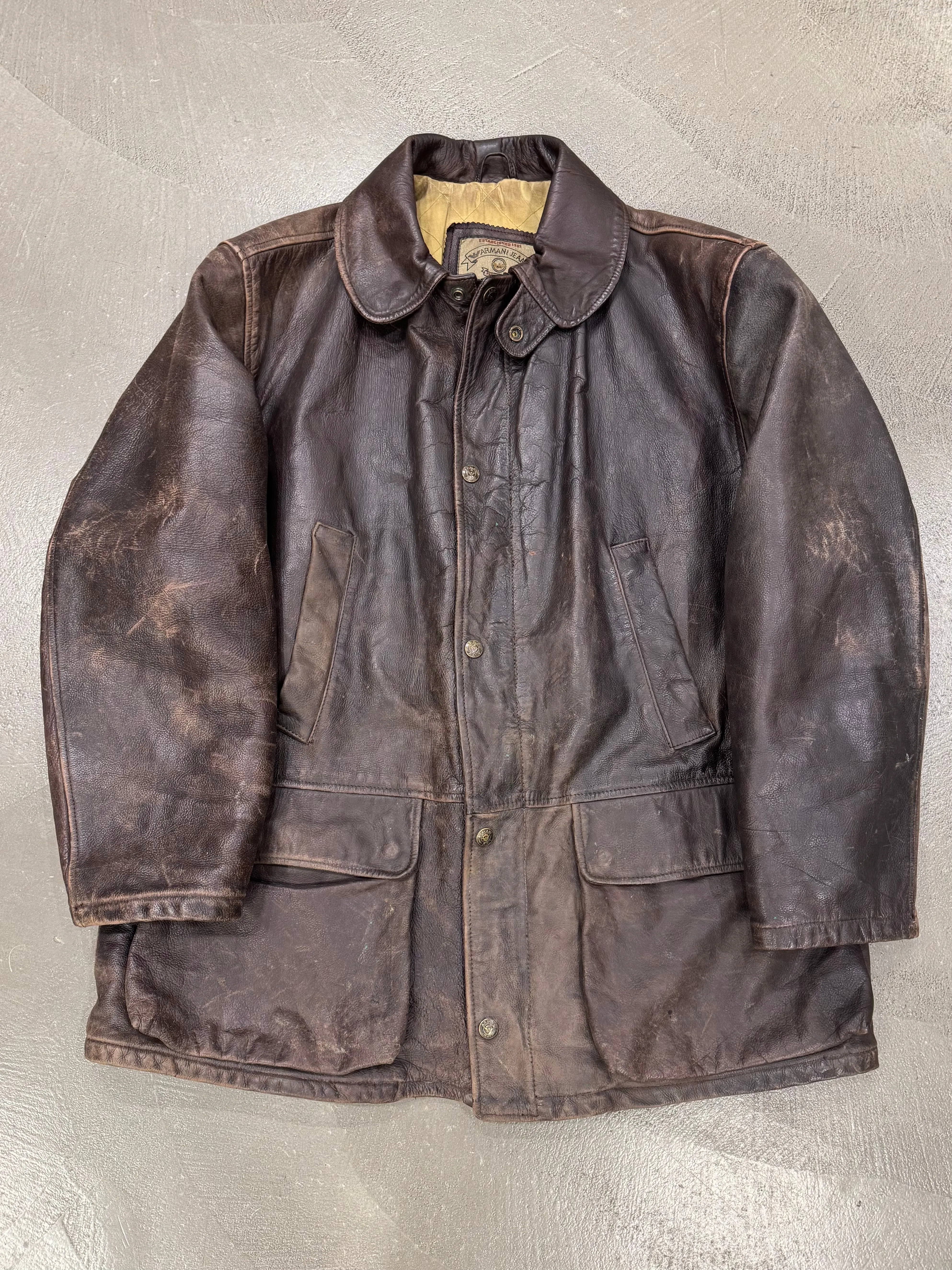 1990s Armani trashed faded heavy leather coat