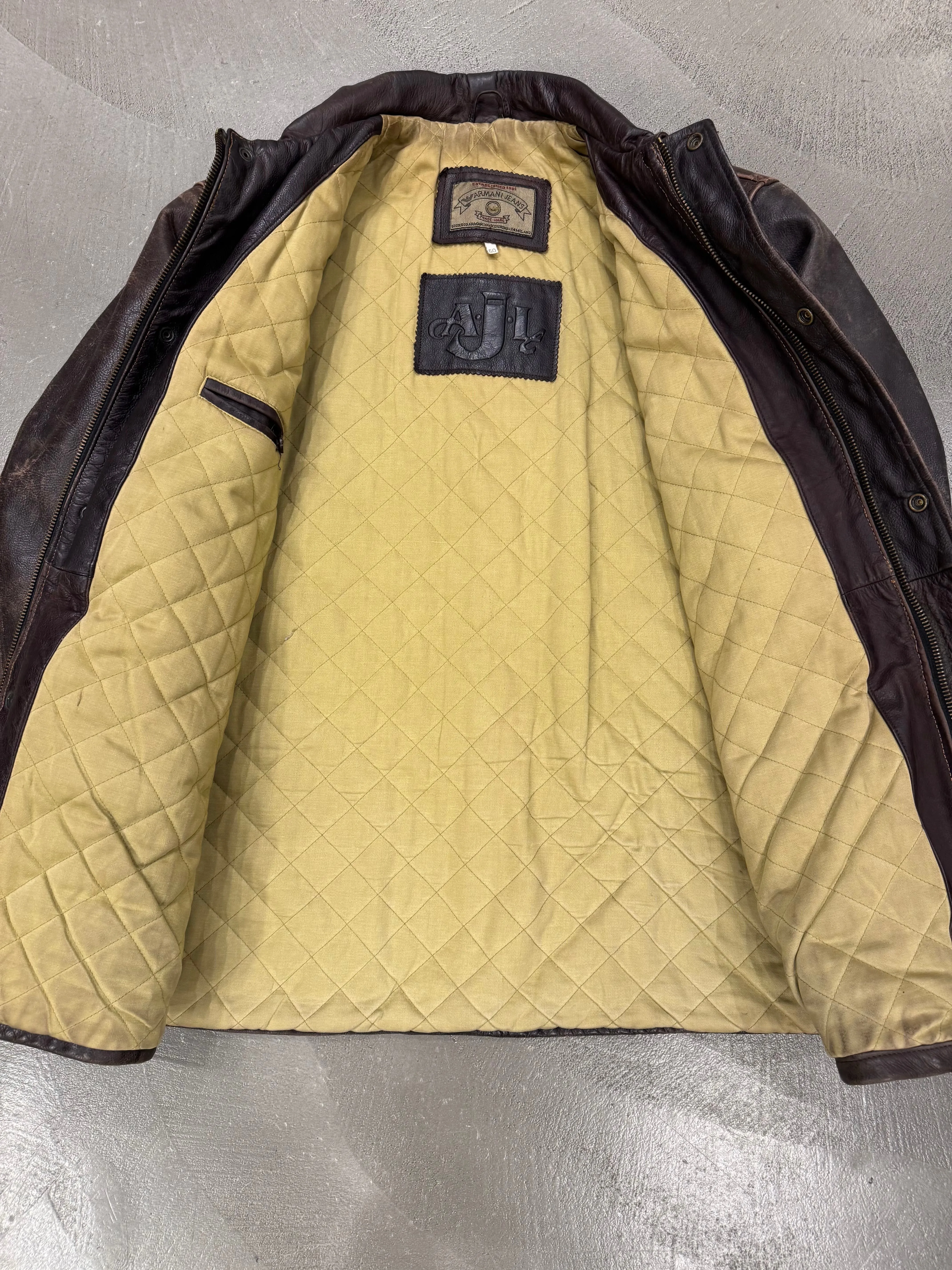 1990s Armani trashed faded heavy leather coat