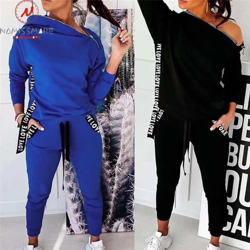 2 Piece Outfit trending Zipper Pockets Irregular Collar Long Sleeve Solid Top Drawstring Loose Trousers