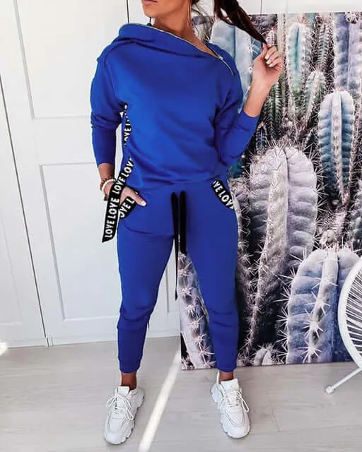 2 Piece Outfit trending Zipper Pockets Irregular Collar Long Sleeve Solid Top Drawstring Loose Trousers