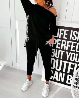 2 Piece Outfit trending Zipper Pockets Irregular Collar Long Sleeve Solid Top Drawstring Loose Trousers
