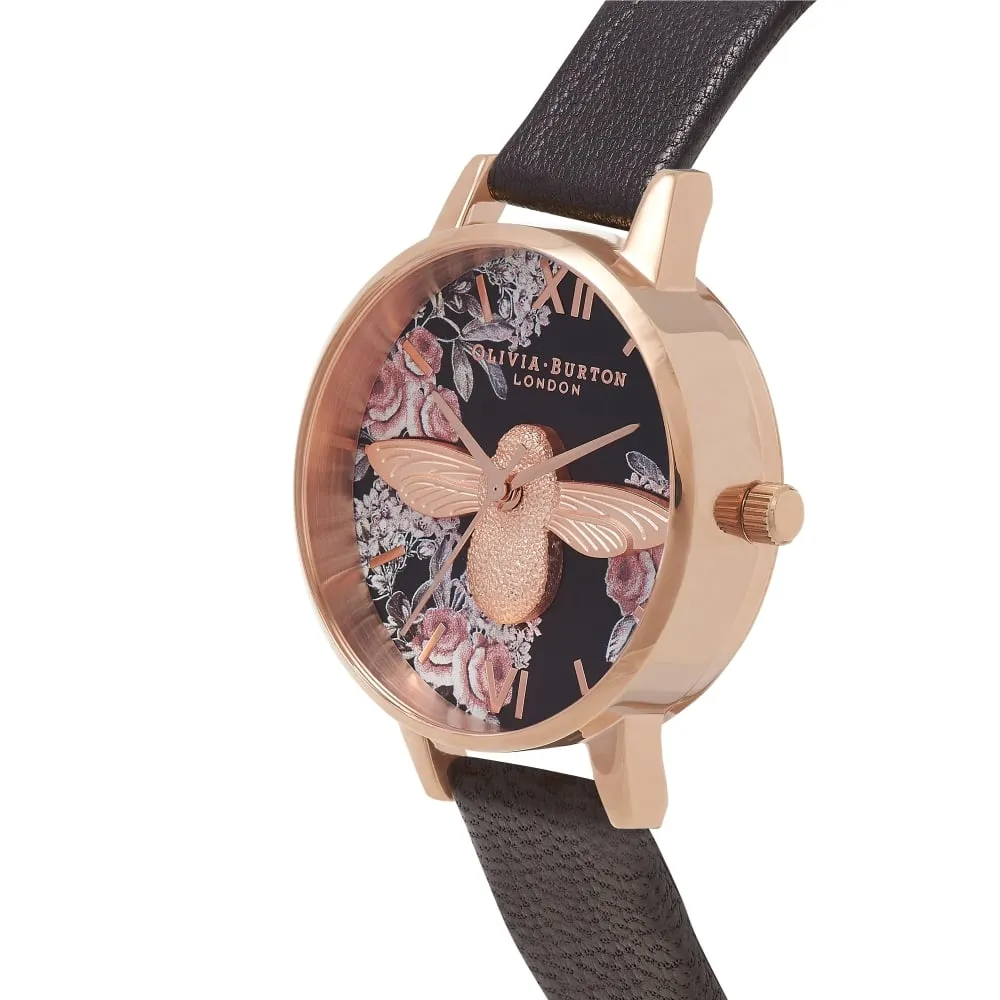 3D Bee Botanical Midi Dial Black and Rose Gold Watch