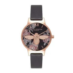 3D Bee Botanical Midi Dial Black and Rose Gold Watch