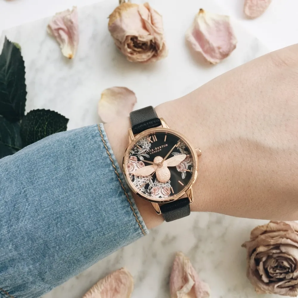 3D Bee Botanical Midi Dial Black and Rose Gold Watch