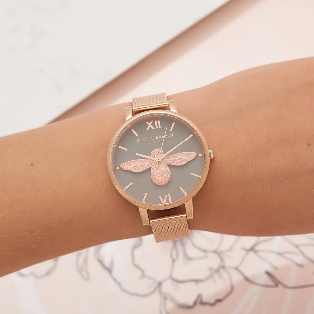 3D Bee Midi Grey Dial Rose Gold Mesh Watch