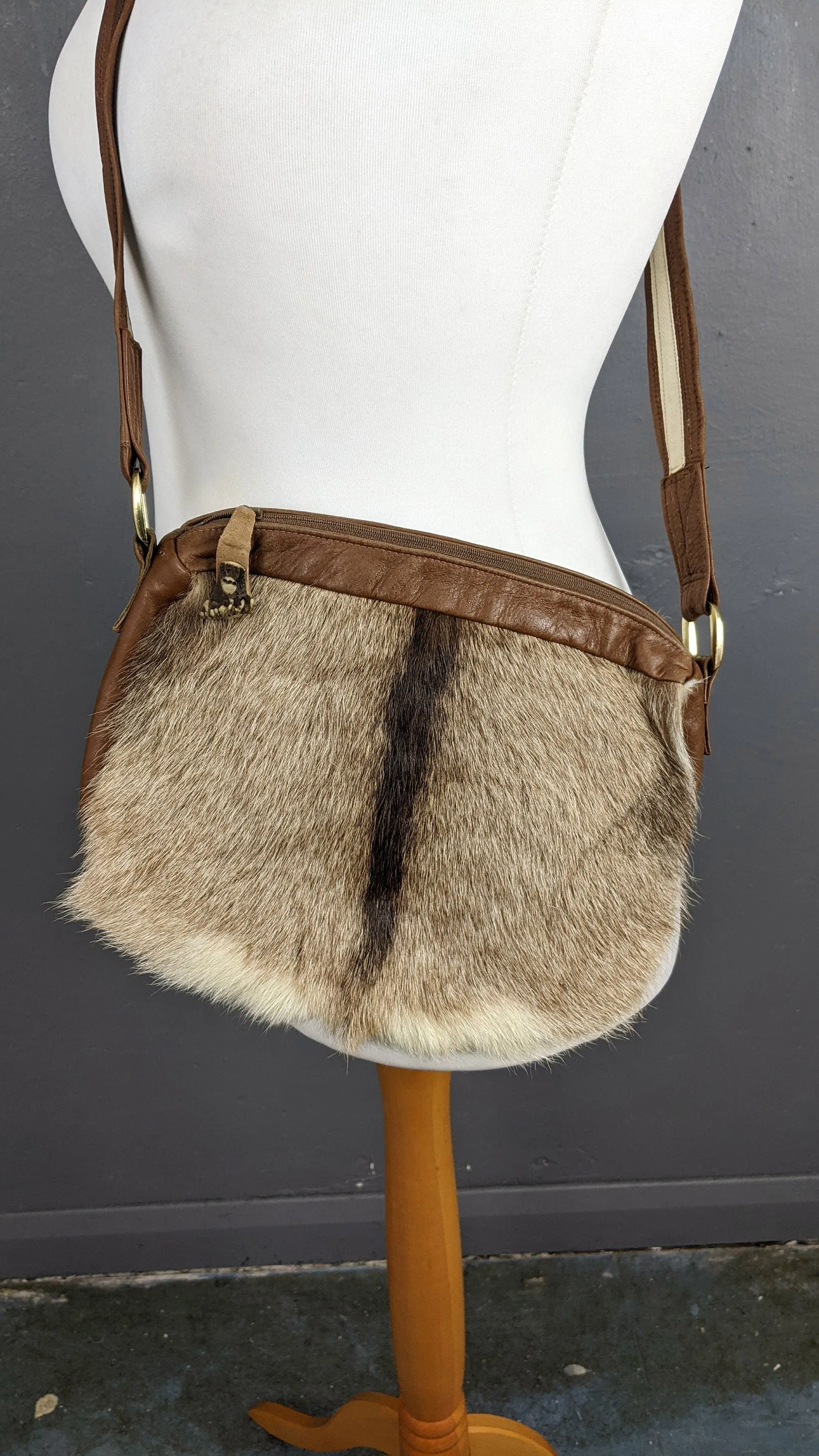 70s Deerskin Leather Shoulder Bag, Rustic Bohemian Fur Handbag