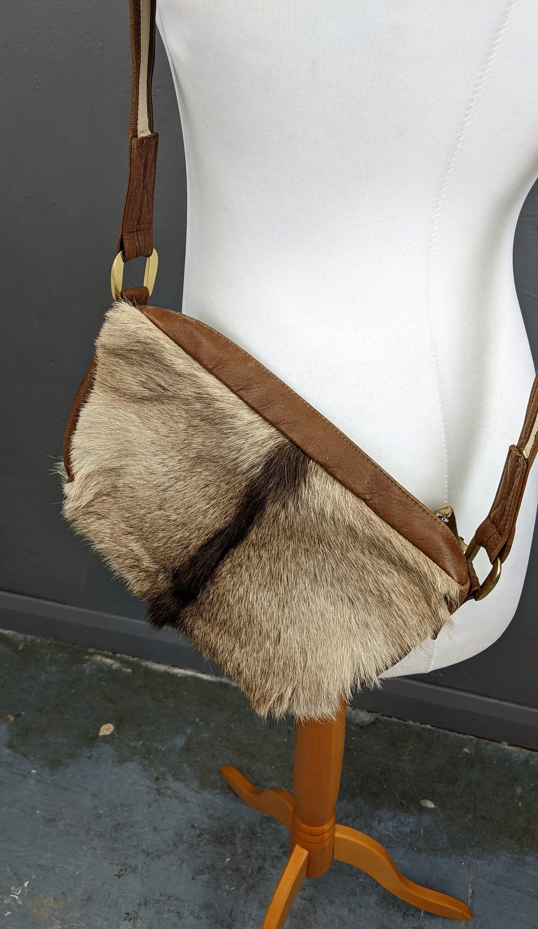 70s Deerskin Leather Shoulder Bag, Rustic Bohemian Fur Handbag
