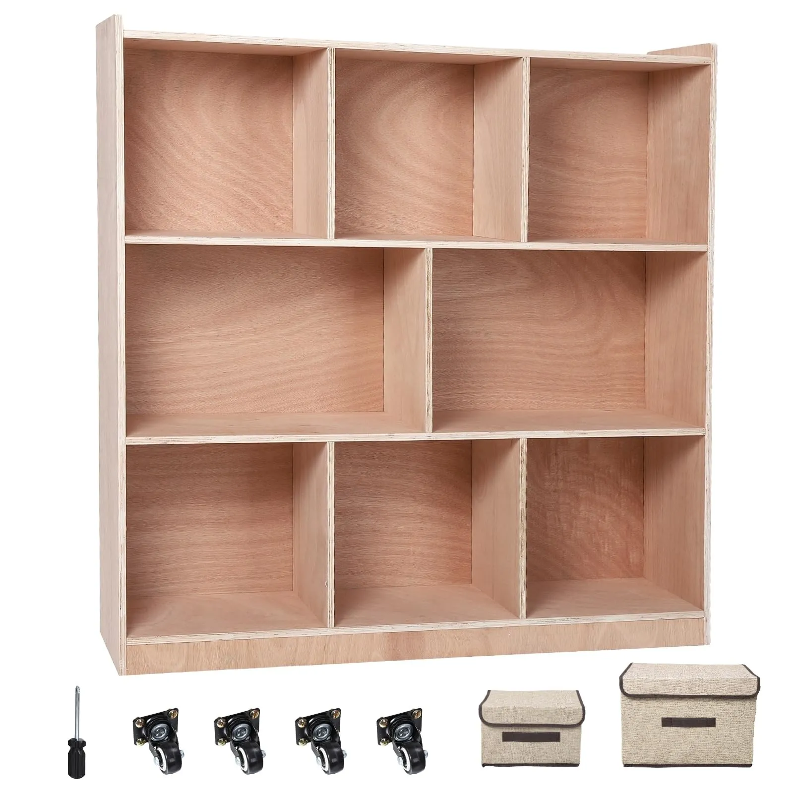 8-Compartment Solid Wood Storage Cabinet Kids Book Shelf Natural
