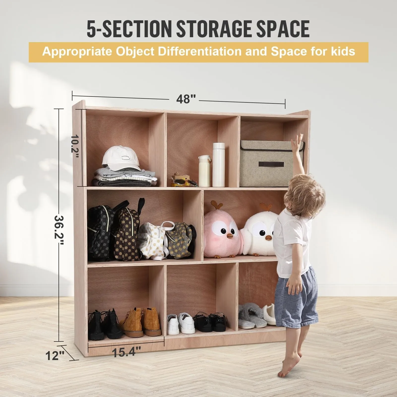 8-Compartment Solid Wood Storage Cabinet Kids Book Shelf Natural