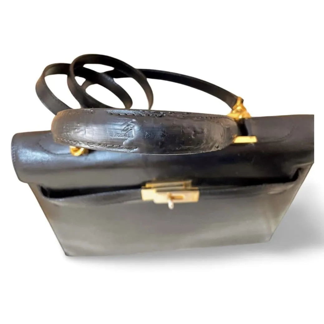 80's vintage BALLY black boxcalf leather kelly bag. Classic masterpiece handbag. 051203m1