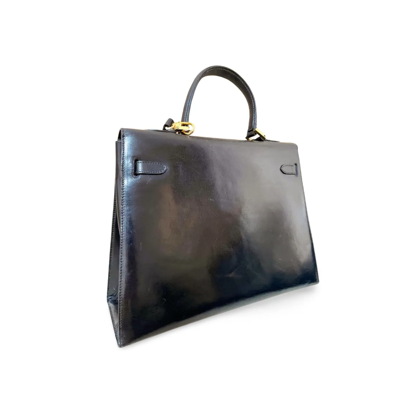 80's vintage BALLY black boxcalf leather kelly bag. Classic masterpiece handbag. 051203m1