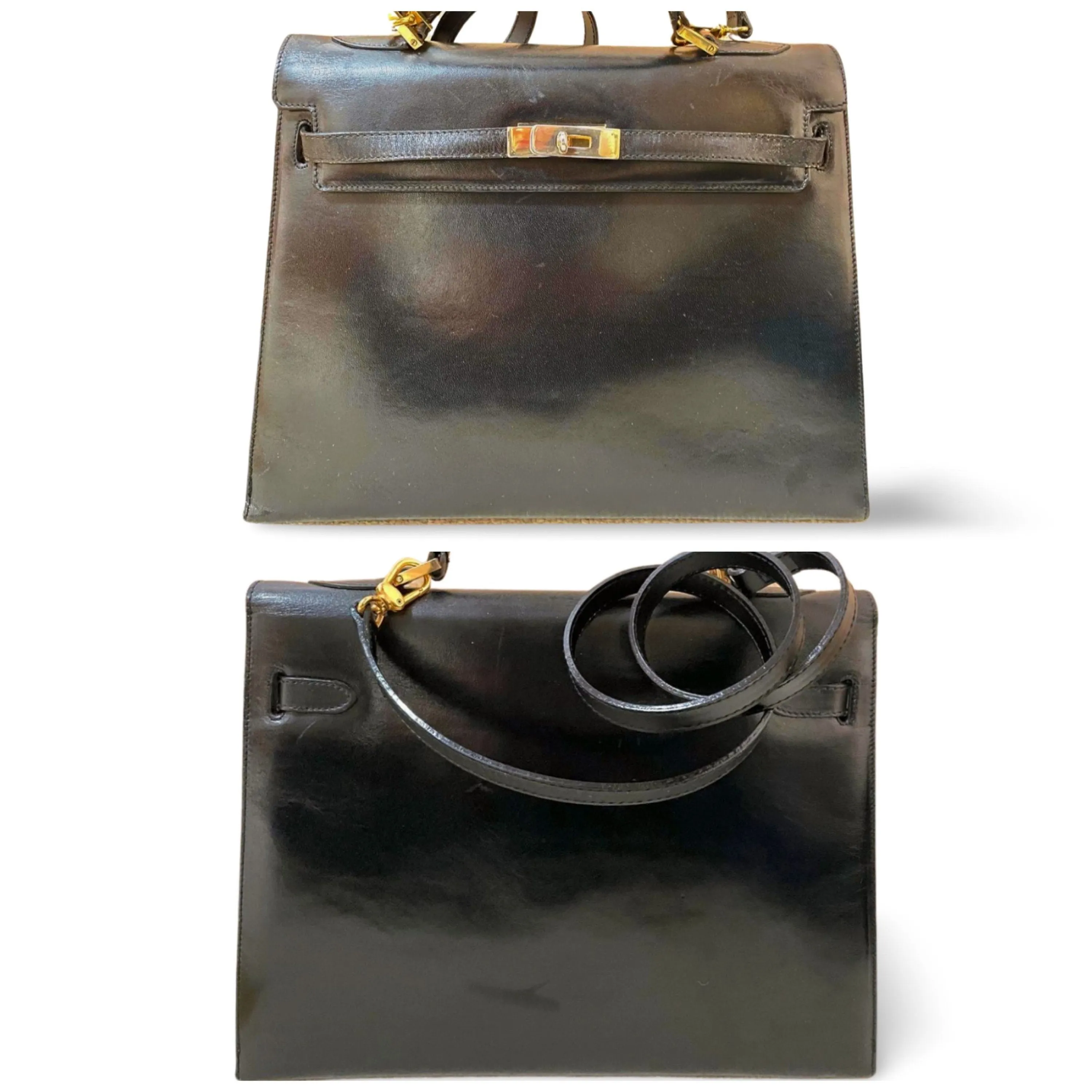 80's vintage BALLY black boxcalf leather kelly bag. Classic masterpiece handbag. 051203m1