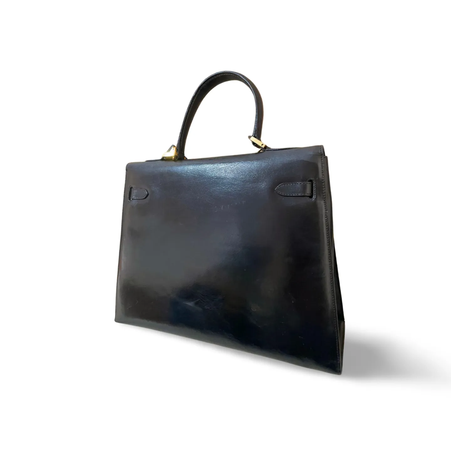 80's vintage BALLY black boxcalf leather kelly bag. Classic masterpiece handbag. 051203m1