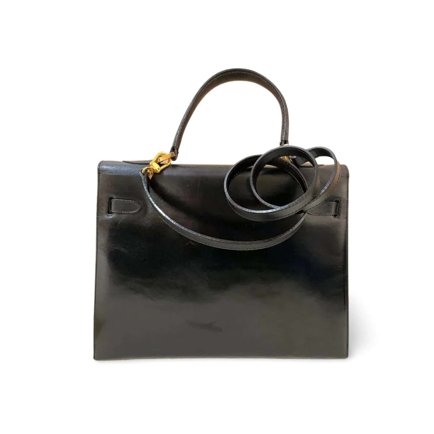 80's vintage BALLY black boxcalf leather kelly bag. Classic masterpiece handbag. 051203m1