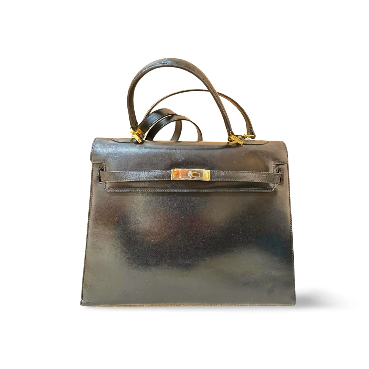 80's vintage BALLY black boxcalf leather kelly bag. Classic masterpiece handbag. 051203m1