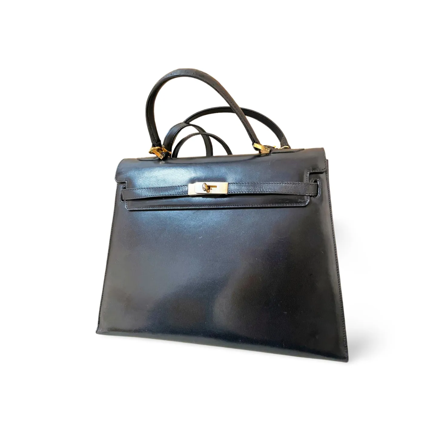 80's vintage BALLY black boxcalf leather kelly bag. Classic masterpiece handbag. 051203m1