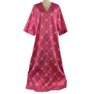 90s Vintage I Magnin Pink Cotton V Neck Caftan with White Lattice Embroidery Med