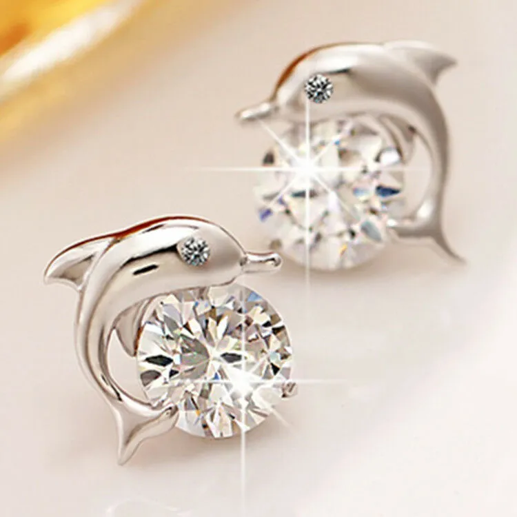 925 Sterling Silver Crystal Eye Dolphin Women Stud Earrings