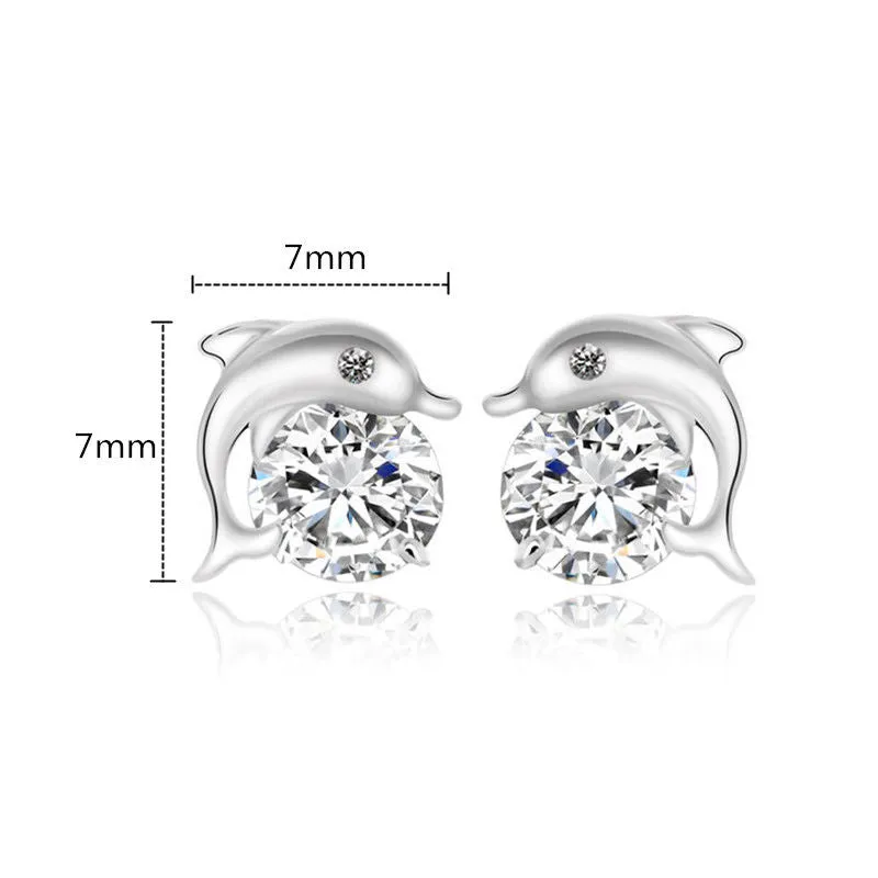 925 Sterling Silver Crystal Eye Dolphin Women Stud Earrings