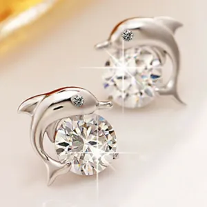 925 Sterling Silver Crystal Eye Dolphin Women Stud Earrings