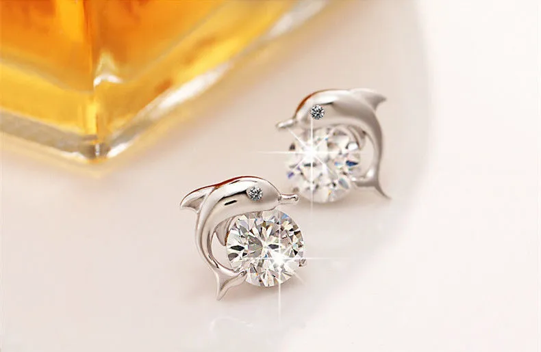 925 Sterling Silver Crystal Eye Dolphin Women Stud Earrings