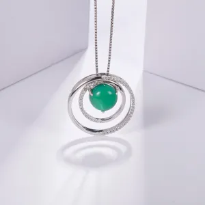 925 Sterling Silver Double Circle Pendant Necklace with Natural Green Agate Gemstone