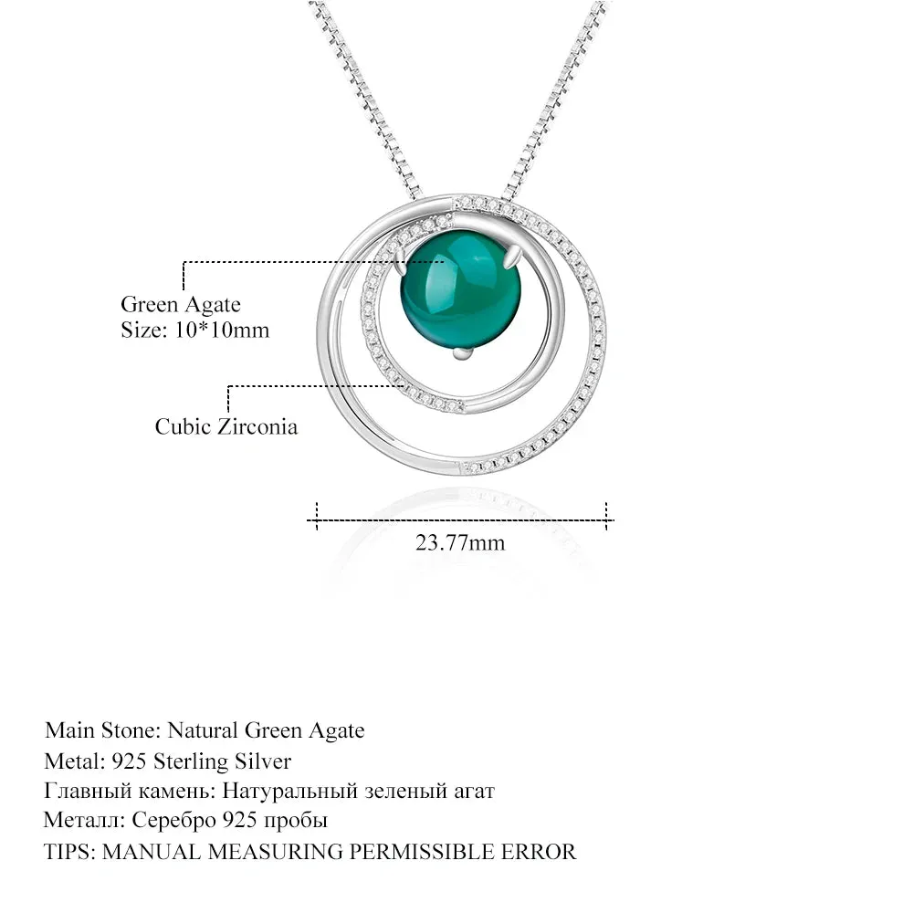 925 Sterling Silver Double Circle Pendant Necklace with Natural Green Agate Gemstone