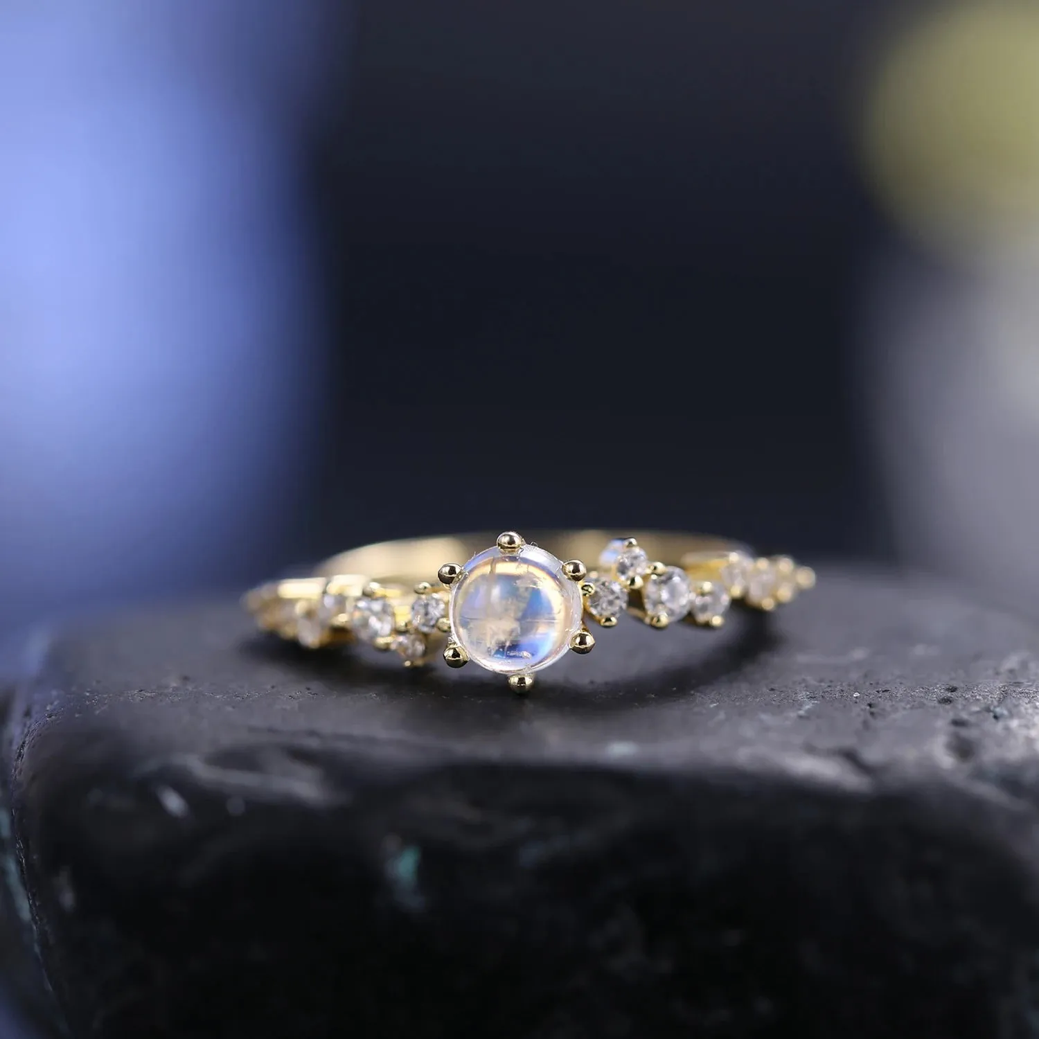 925 Sterling Silver Gold Promise Ring – Natural Rainbow Moonstone June Birthstone