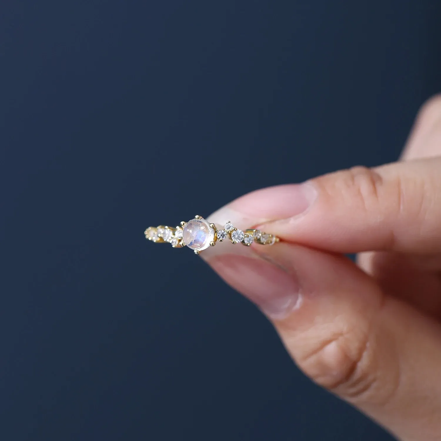 925 Sterling Silver Gold Promise Ring – Natural Rainbow Moonstone June Birthstone