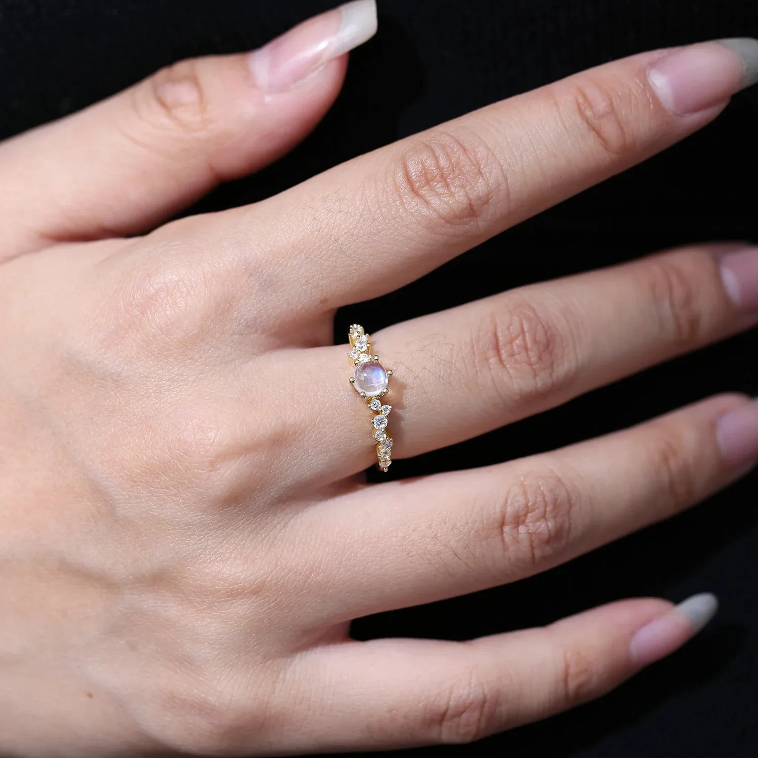 925 Sterling Silver Gold Promise Ring – Natural Rainbow Moonstone June Birthstone