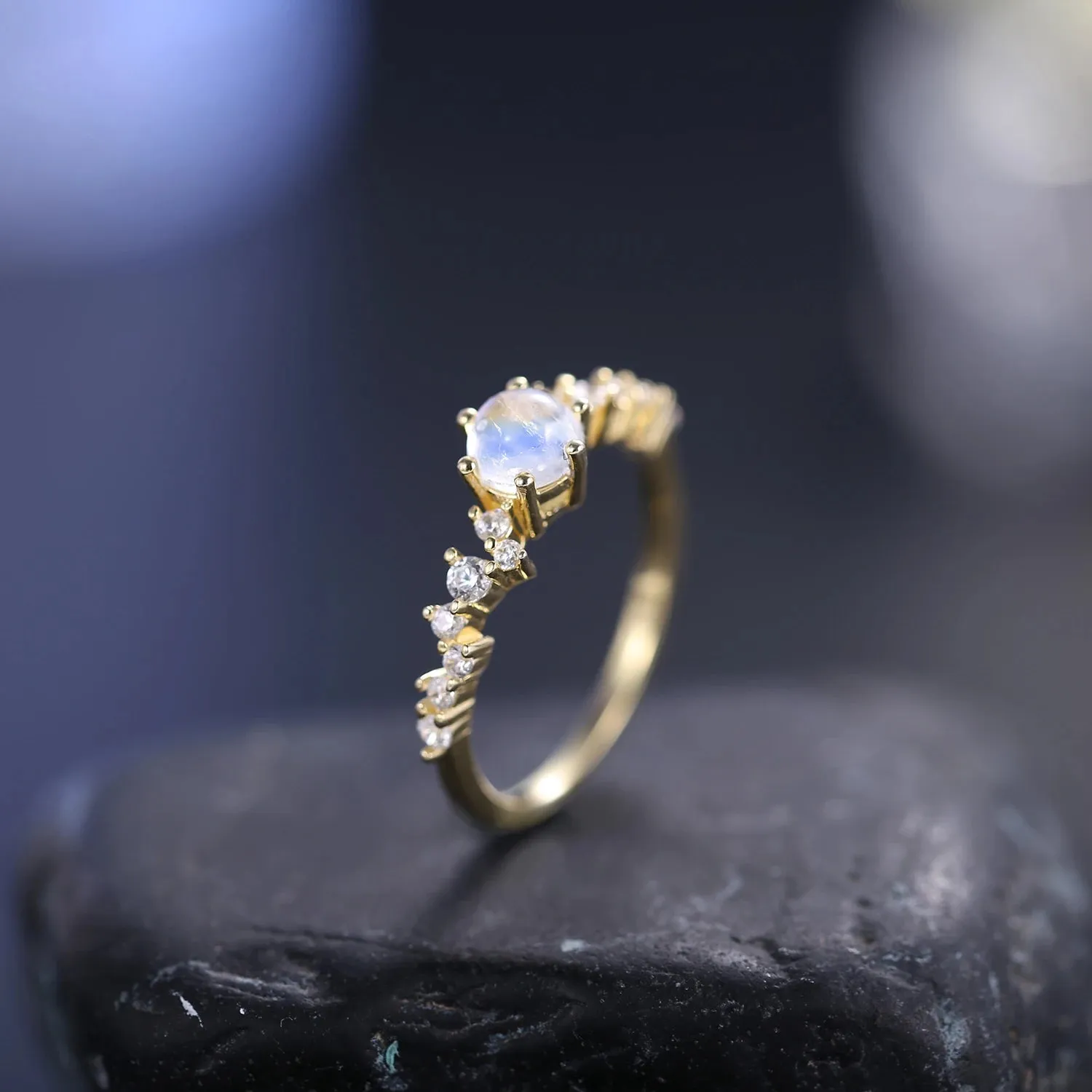925 Sterling Silver Gold Promise Ring – Natural Rainbow Moonstone June Birthstone