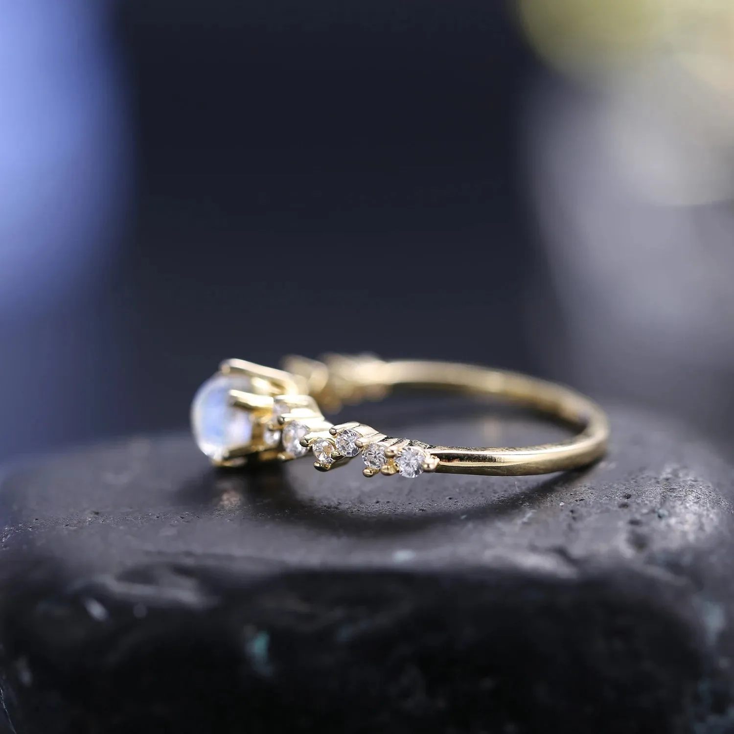 925 Sterling Silver Gold Promise Ring – Natural Rainbow Moonstone June Birthstone
